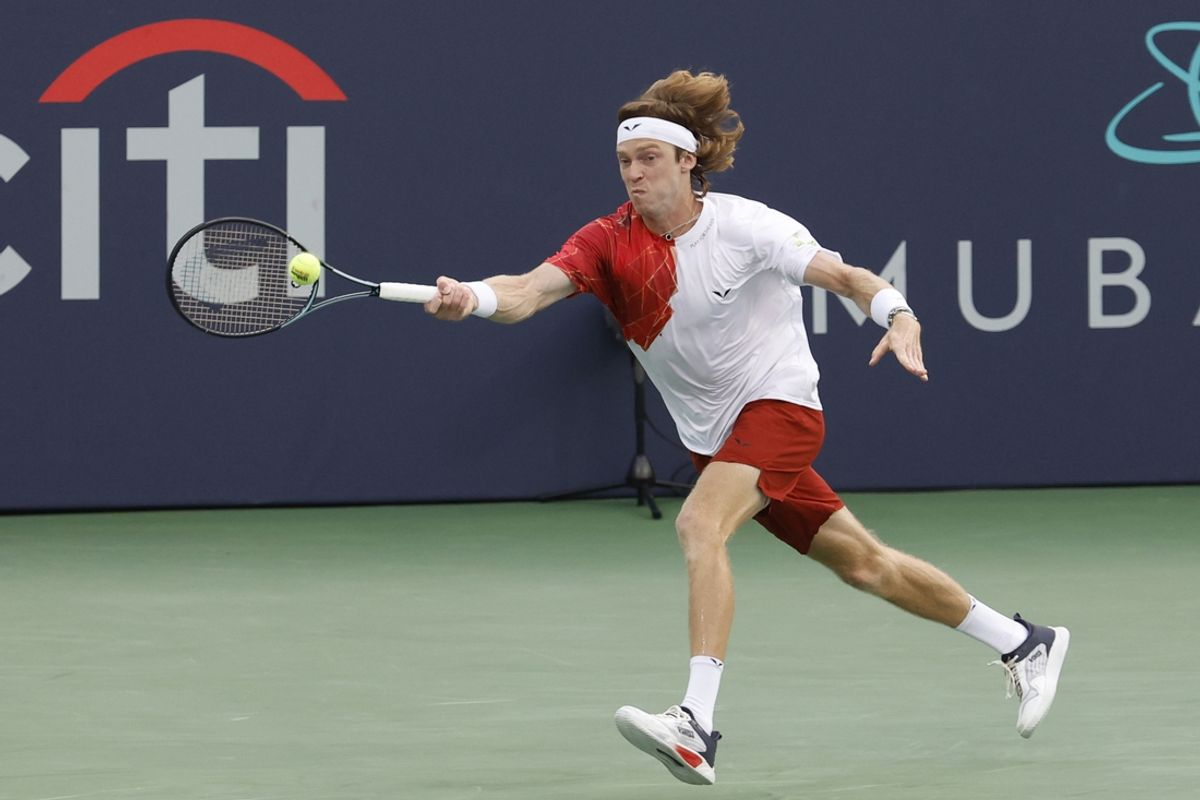 Jul 31, 2024; Washington, DC, USA; Andrey Rublev hits a forehand against Luca Van Assche (FRA) (not pictured) on day five of the Mubadala Citi DC Open at Rock Creek Park Tennis Center. Mandatory Credit: Geoff Burke-USA TODAY Sports