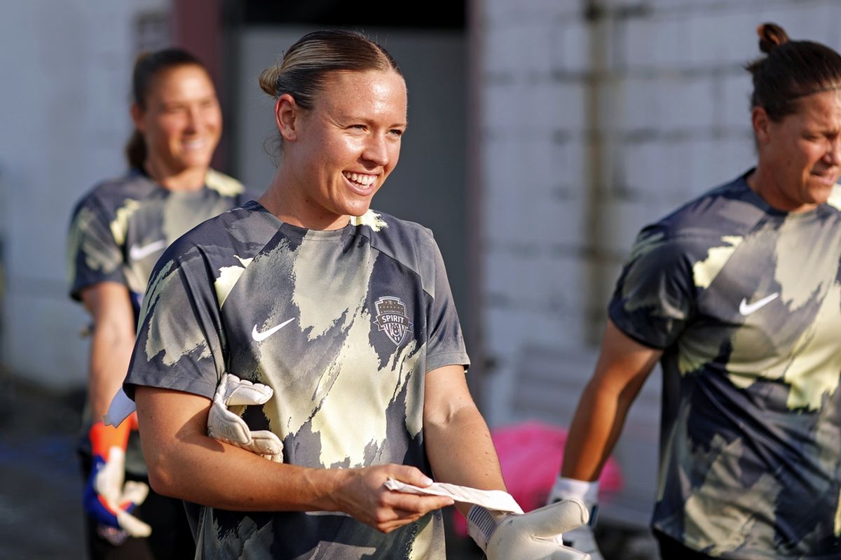 Jul 31, 2024; Richmond, VA, USA; Washington Spirit goalkeeper Kaylie Collins walks to the pitch before the game against the Chicago Red Stars in the NWSL Summer Cup Tournament at City Stadium. Mandatory Credit: Peter Casey-Imagn Images