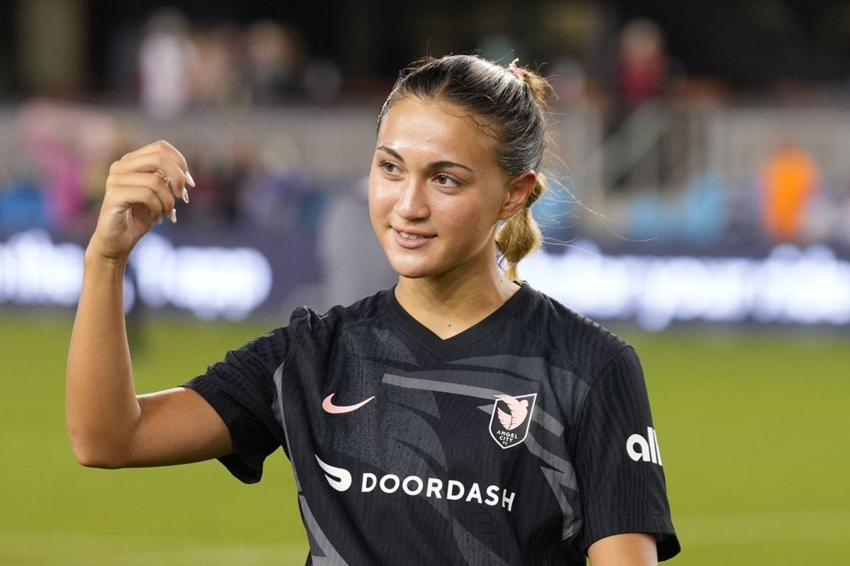 Jul 26, 2024; San Jose, CA, USA; Angel City FC forward Casey Phair (9) after the game against Bay FC at PayPal Park. Mandatory Credit: Darren Yamashita-Imagn Images