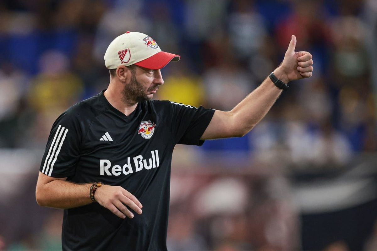 Jul 30, 2024; Harrison, New Jersey, USA; New York Red Bulls head coach Sandro Schwarz reacts during the second half against Pachuca at Red Bull Arena. Mandatory Credit: Vincent Carchietta-Imagn Images