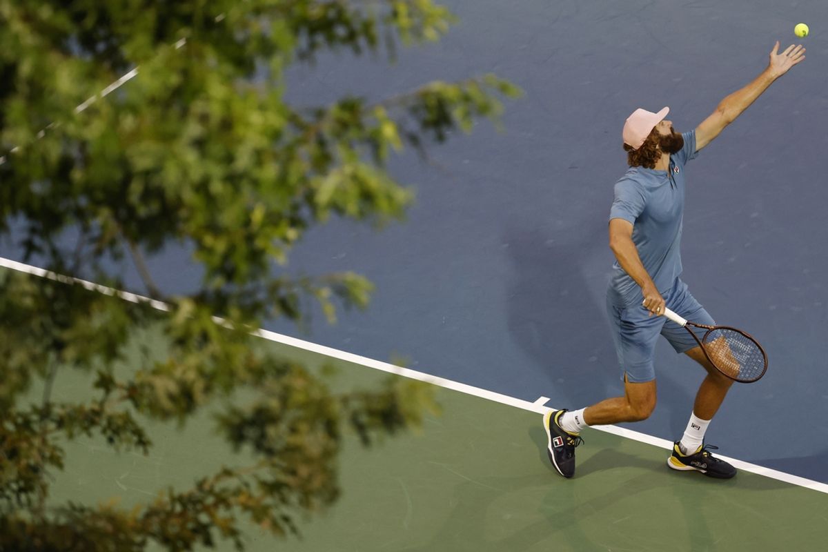 Jul 31, 2024; Washington, DC, USA; Reilly Opelka (USA) serves against Jordan Thompson (AUS)(not pictured) on day five of the Mubadala Citi DC Open at Rock Creek Park Tennis Center. Mandatory Credit: Geoff Burke-Imagn Images