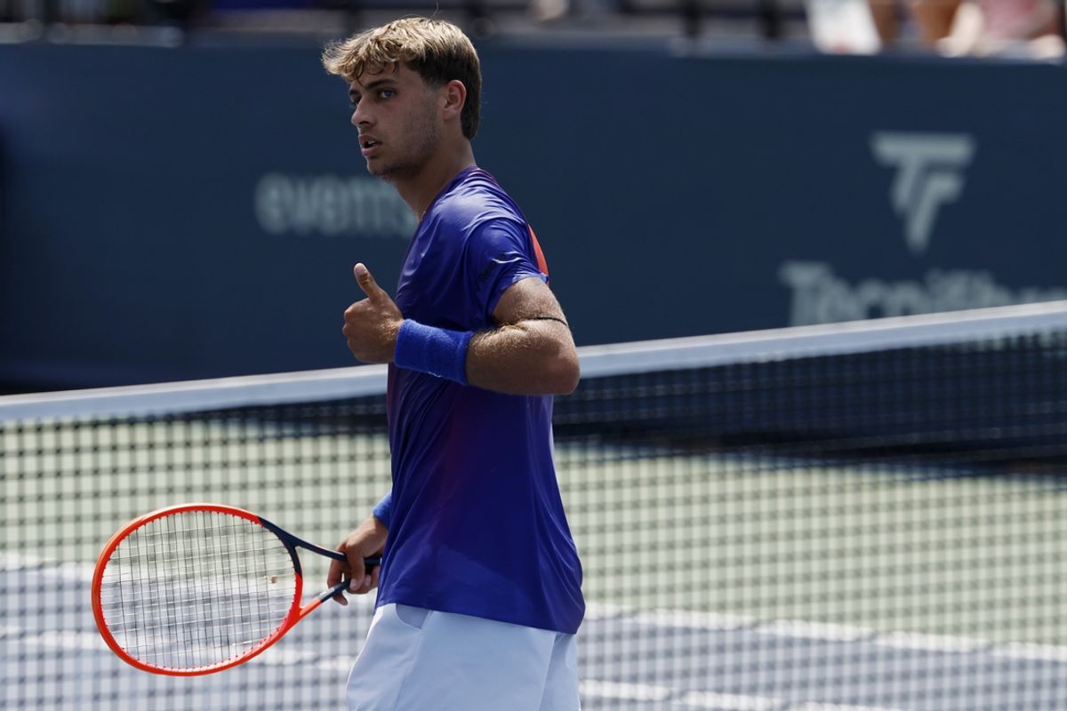 Aug 1, 2024; Washington, DC, USA; Flavio Cobolli (ITA) reacts after match point against Alejandro Davidovich Fokina (ESP)(not pictured) on day six of the Mubadala City DC Open at Rock Creek Park Tennis Center. Mandatory Credit: Geoff Burke-USA TODAY Sports