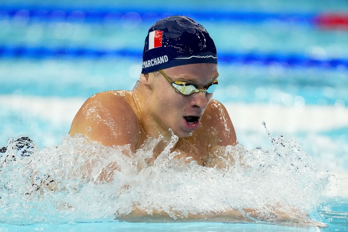Aug 1, 2024; Nanterre, France; Leon Marchand (France) in the men’s 200-meter individual medley semifinal during the Paris 2024 Olympic Summer Games at Paris La Défense Arena. Mandatory Credit: Rob Schumacher-USA TODAY Sports