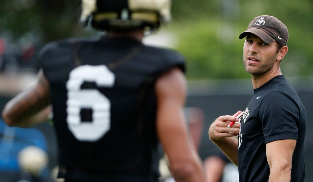 Purdue Boilermakers wide receiver Arhmad Branch (6) talks to Purdue Boilermakers offensive coordinator Graham Harrell Thursday, Aug. 1, 2024, during Purdue football practice at Bimel Outdoor Practice Complex in West Lafayette, Ind.