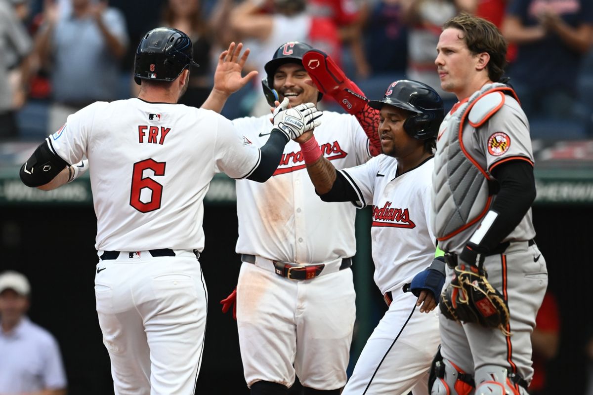 Aug 1, 2024; Cleveland, Ohio, USA; Cleveland Guardians designated hitter David Fry (6) celebrates with first baseman Josh Naylor (22) and third baseman Jose Ramirez (11) after hitting a three-run home run as Baltimore Orioles catcher Adley Rutschman (35) looks on during the third inning against the Baltimore Orioles at Progressive Field. Mandatory Credit: Ken Blaze-USA TODAY Sports