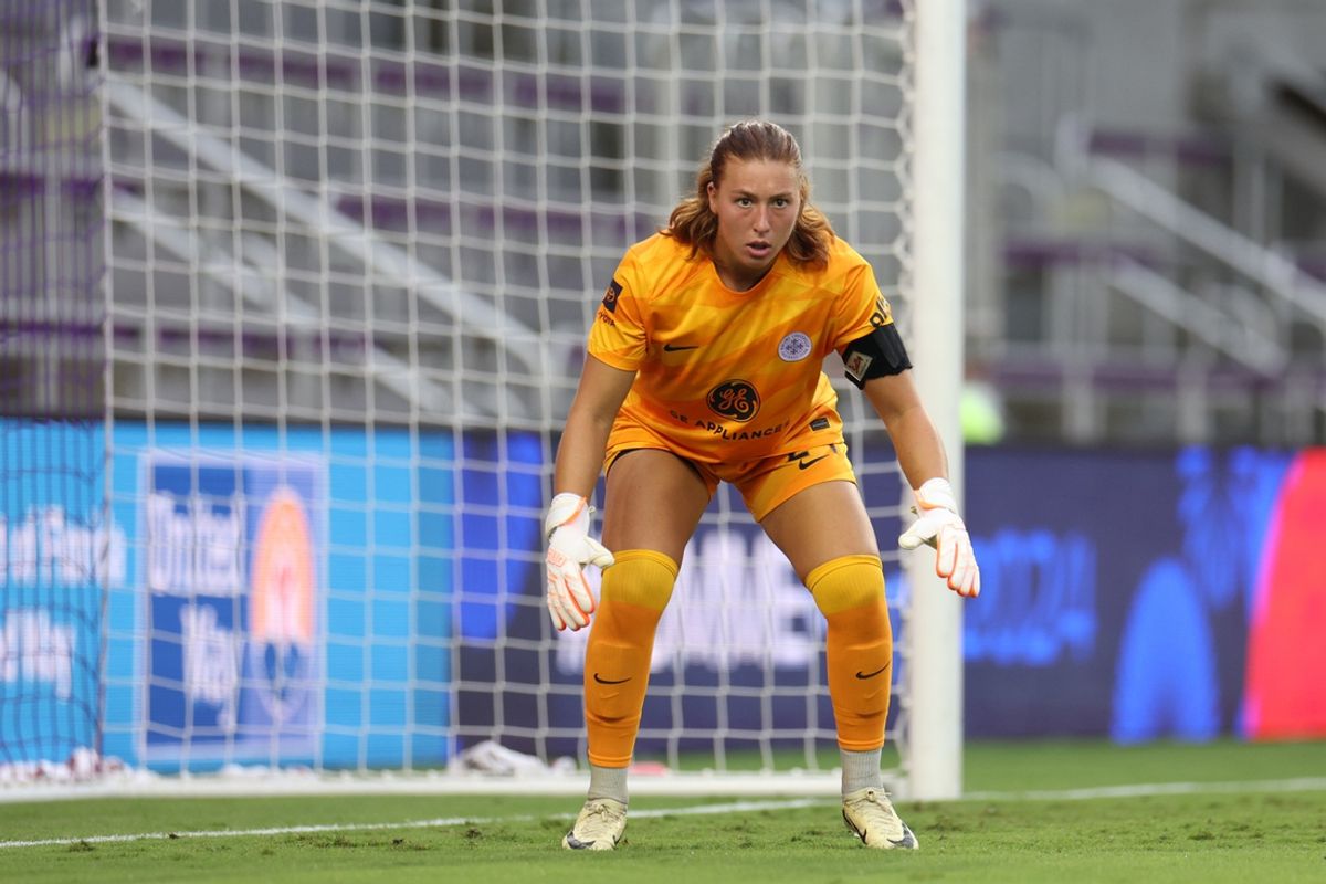 Aug 1, 2024; Orlando, Florida, USA; Racing Louisville FC goalkeeper Jordyn Bloomer (24) protects the gaol in the first half against the Orlando Pride at Inter&Co Stadium. Mandatory Credit: Nathan Ray Seebeck-Imagn Images