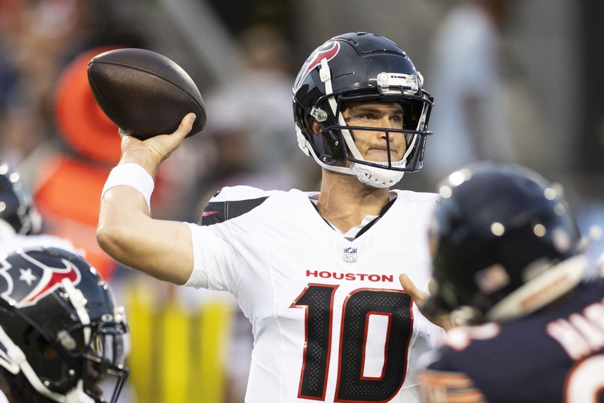 Aug 1, 2024; Canton, Ohio, USA; Houston Texans quarterback Davis Mills (10) throws the ball during the first quarter against the Chicago Bears at Tom Benson Hall of Fame Stadium. Mandatory Credit: Scott Galvin-Imagn Images