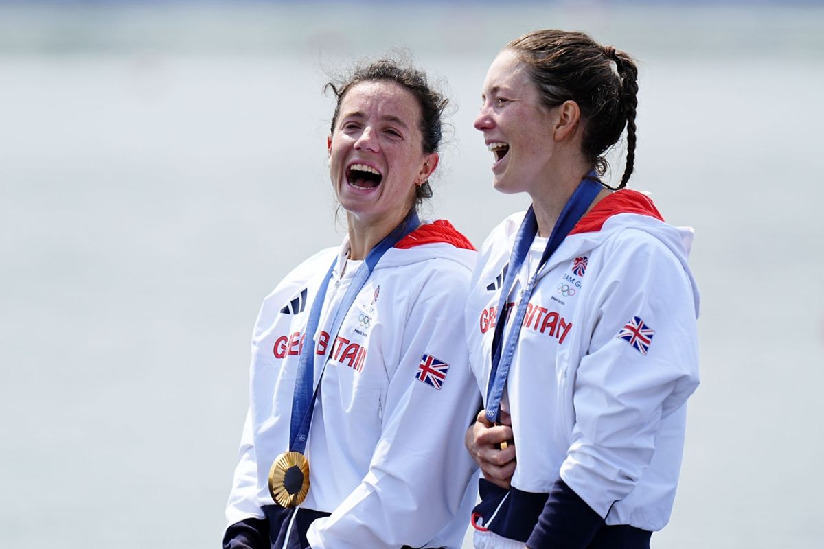 Aug 2, 2024; Vaires-sur-Marne, France; Emily Craig (GBR) and Imogen Grant (GBR) react after winning gold in the lightweight womenís double sculls during the Paris 2024 Olympic Summer Games at Vaires-sur-Marne Nautical Stadium. Mandatory Credit: Sarah Phipps-USA TODAY Sports
