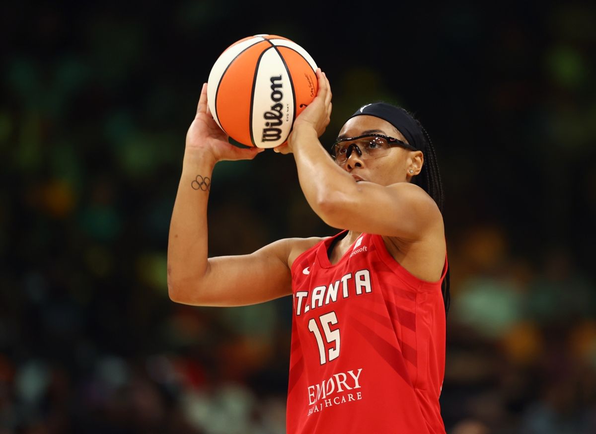 Jul 19, 2024; Phoenix, AZ, USA; Atlanta Dream player Allisha Gray participates in the 3-point contest during the WNBA All-Star Skills Night at the Footprint Center. Mandatory Credit: Mark J. Rebilas-USA TODAY Sports
