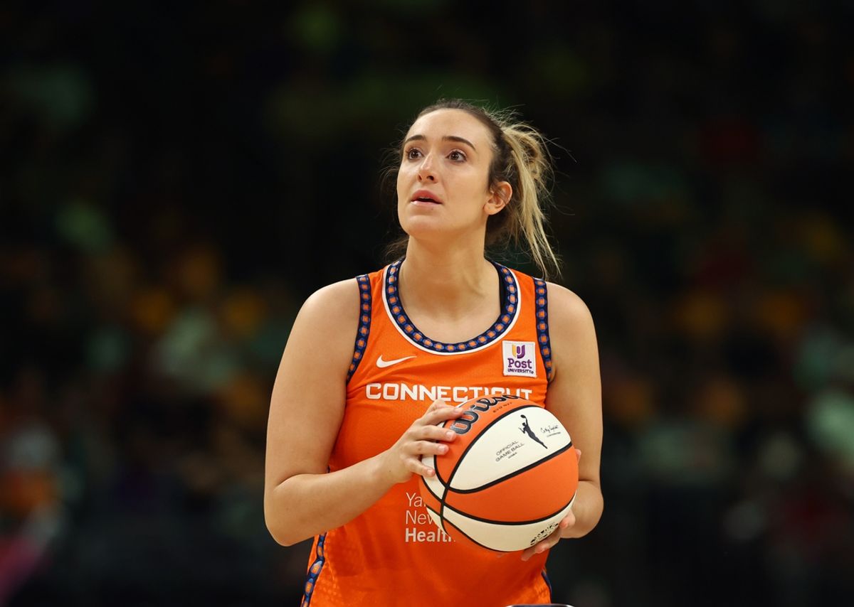 Jul 19, 2024; Phoenix, AZ, USA; Connecticut Sun player Marina Mabrey participates in the 3-point contest during the WNBA All-Star Skills Night at the Footprint Center. Mandatory Credit: Mark J. Rebilas-USA TODAY Sports