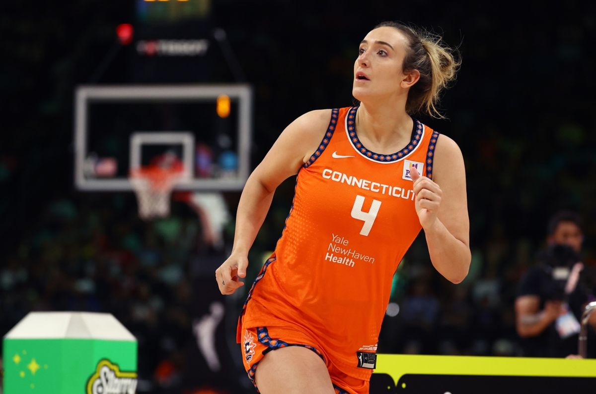 Jul 19, 2024; Phoenix, AZ, USA; Connecticut Sun player Marina Mabrey participates in the 3-point contest during the WNBA All-Star Skills Night at the Footprint Center. Mandatory Credit: Mark J. Rebilas-USA TODAY Sports