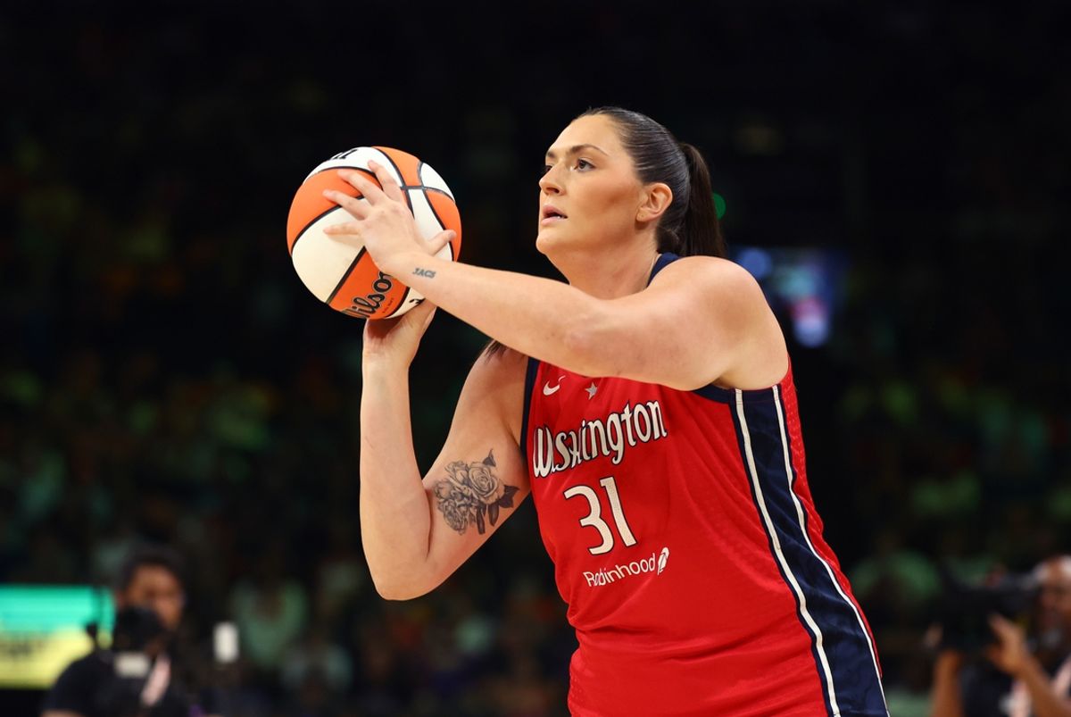 Jul 19, 2024; Phoenix, AZ, USA; Washington Mystics player Stefanie Dolson participates in the 3-point contest during the WNBA All-Star Skills Night at the Footprint Center. Mandatory Credit: Mark J. Rebilas-USA TODAY Sports