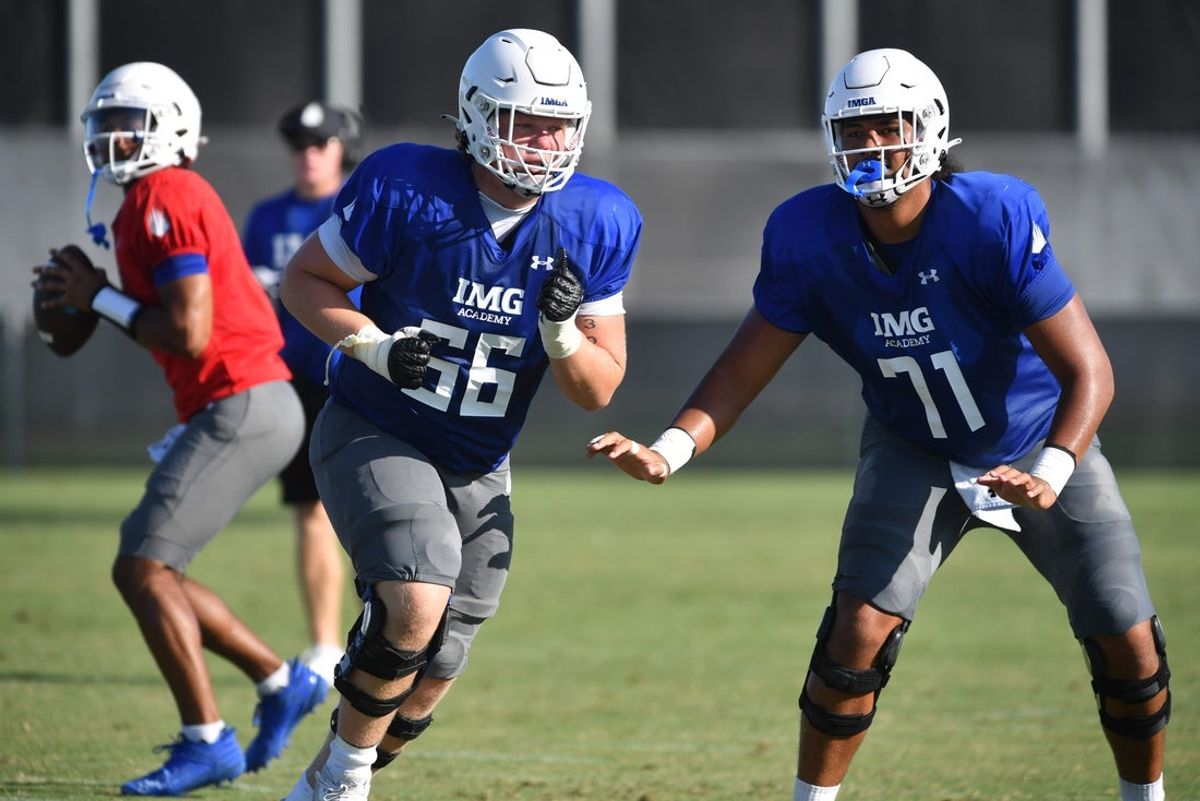 Offensive linemen Breck Kolojay (#66) and Keenyi Pepe (#71) during practice on Friday, Aug. 2, 2024 on IMG Academy Football Media Day in Bradenton, Florida.
