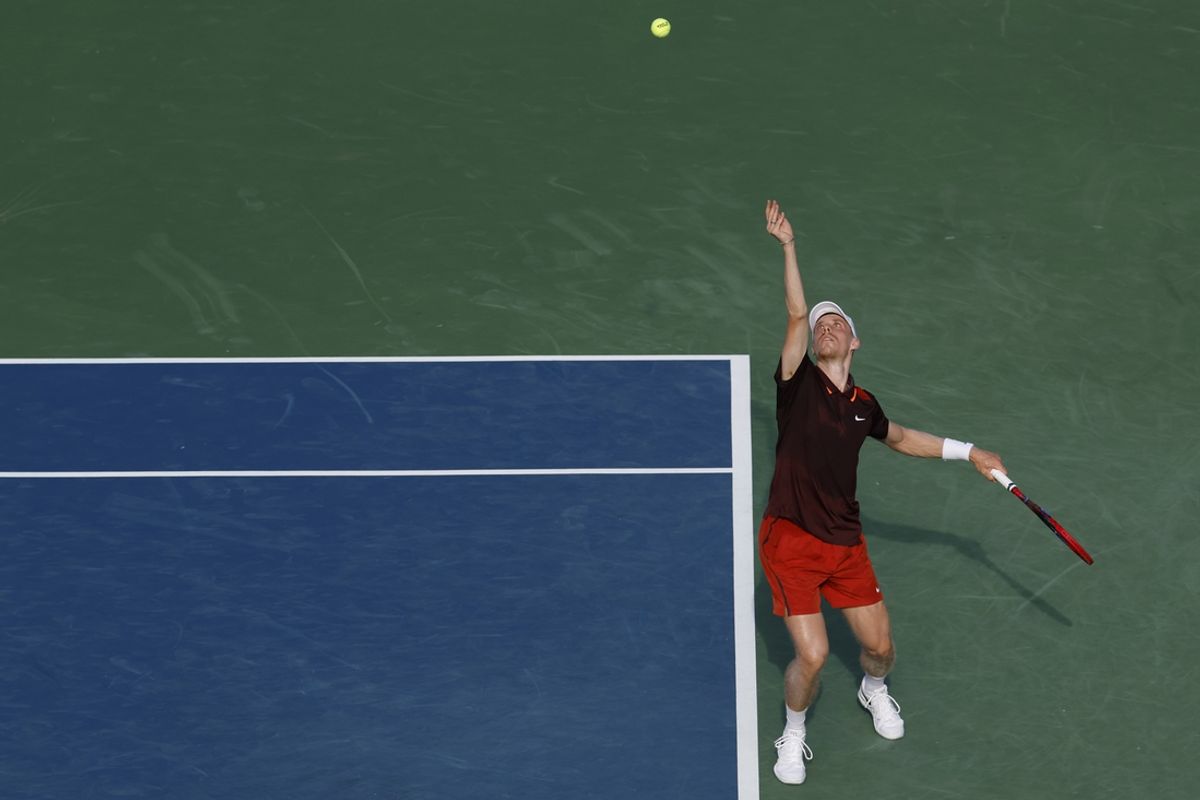Aug 2, 2024; Washington, DC, USA; Denis Shapovalov (CAN) serves against Ben Shelton (USA)(not pictured) on day seven of the Mubadala Citi DC Open at Rock Creek Park Tennis Center. Mandatory Credit: Geoff Burke-USA TODAY Sports