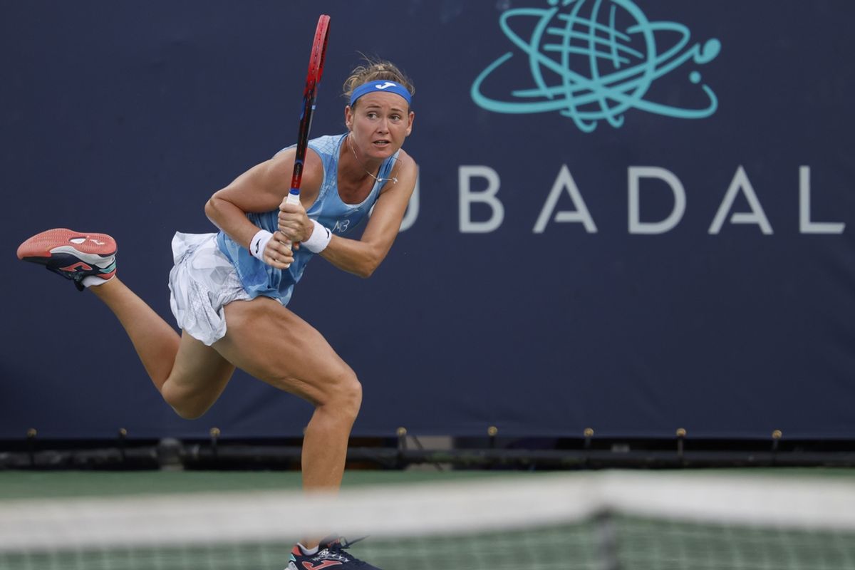 Aug 2, 2024; Washington, DC, USA; Marie Bouzkova (CZE) hits a backhand against Robin Montgomery (USA)(not pictured) on day seven of the Mubadala Citi DC Open at Rock Creek Park Tennis Center. Mandatory Credit: Geoff Burke-USA TODAY Sports