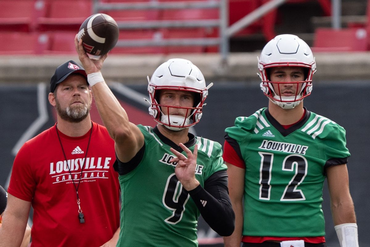 University of Louisville quarterback Tyler Shough (9) runs a drill during their second practice on Friday, Aug. 2, 2024 at L&N Federal Credit Union Stadium.