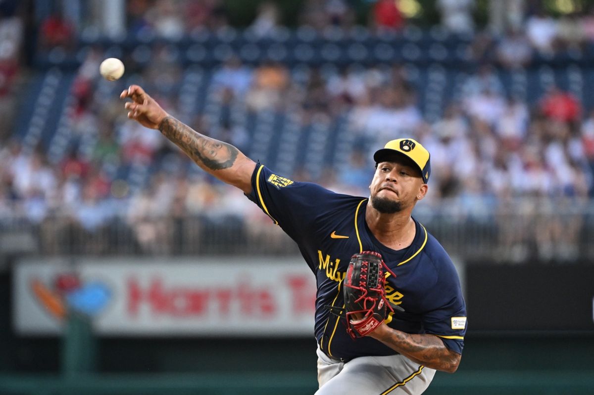 Aug 2, 2024; Washington, District of Columbia, USA; Milwaukee Brewers starting pitcher Frankie Montas (47) throws a pitch against the Washington Nationals during the fourth inning at Nationals Park. Mandatory Credit: Rafael Suanes-USA TODAY Sports