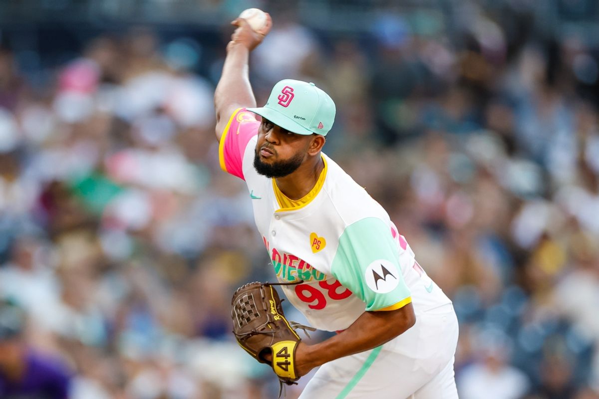 Aug 2, 2024; San Diego, California, USA; San Diego Padres starting pitcher Randy Vasquez (98) throws a pitch during the first inning against the Colorado Rockies at Petco Park. Mandatory Credit: David Frerker-Imagn Images