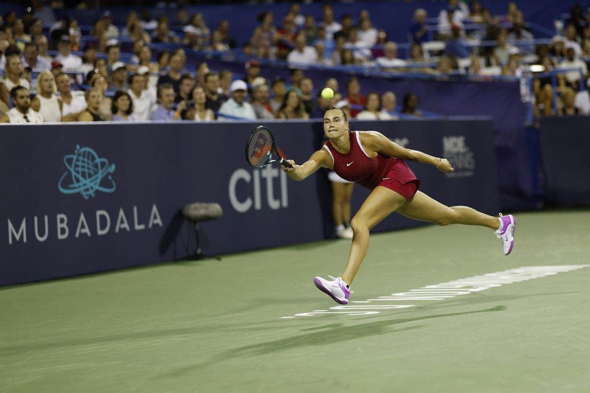 Aug 2, 2024; Washington, DC, USA; Aryna Sabalenka reaches for a forehand against Victoria Azarenka (not pictured) on day seven of the Mubadala Citi DC Open at Rock Creek Park Tennis Center. Mandatory Credit: Geoff Burke-USA TODAY Sports