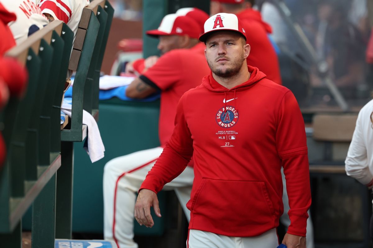 Aug 2, 2024; Anaheim, California, USA;  Los Angeles Angels outfielder Mike Trout (27) in the dugout during the MLB game against the New York Mets at Angel Stadium. Mandatory Credit: Kiyoshi Mio-Imagn Images