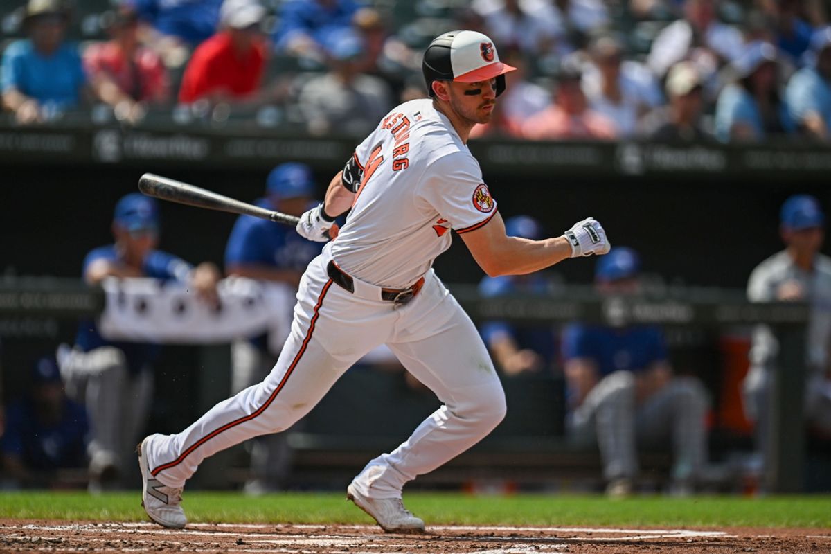 Jul 29, 2024; Baltimore, Maryland, USA; Baltimore Orioles third baseman Jordan Westburg (11) hits a single during the first inning against the Toronto Blue Jays at Oriole Park at Camden Yards. Mandatory Credit: Reggie Hildred-Imagn Images