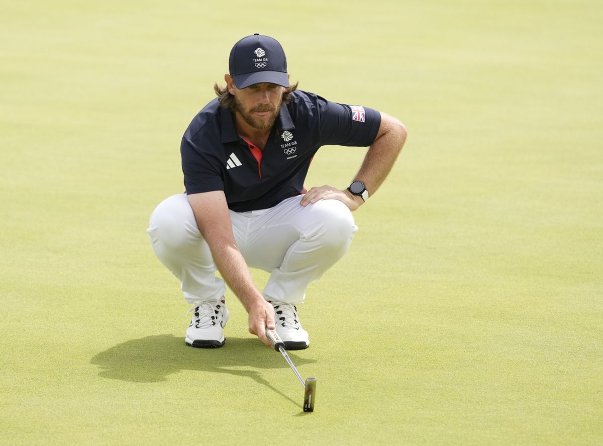 Tommy Fleetwood on the 6th green in the third round of men's golf stroke play during the Paris 2024 Olympic Summer Games at Le Golf National. Mandatory Credit: Michael Madrid-Imagn Images