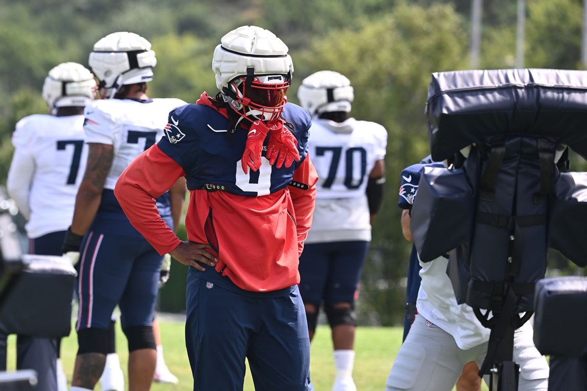 Aug 03, 2024; Foxborough, MA, USA; New England Patriots linebacker Matthew Judon (9) waits to do a drill during training camp at Gillette Stadium. Mandatory Credit: Eric Canha-USA TODAY Sports