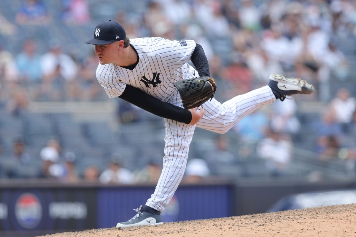 Aug 3, 2024; Bronx, New York, USA; New York Yankees relief pitcher Mark Leiter Jr. (38) follows through on a pitch against the Toronto Blue Jays during the ninth inning at Yankee Stadium. Mandatory Credit: Brad Penner-Imagn Images