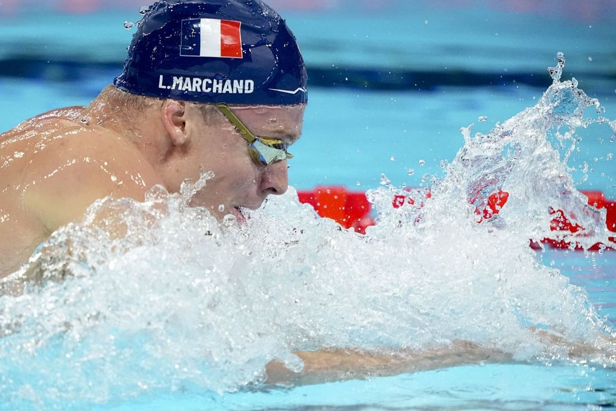 Aug 3, 2024; Nanterre, France; Leon Marchand (USA) in the mixed 4 x 100-meter medley relay final during the Paris 2024 Olympic Summer Games at Paris La Défense Arena. Mandatory Credit: Grace Hollars-Imagn Images