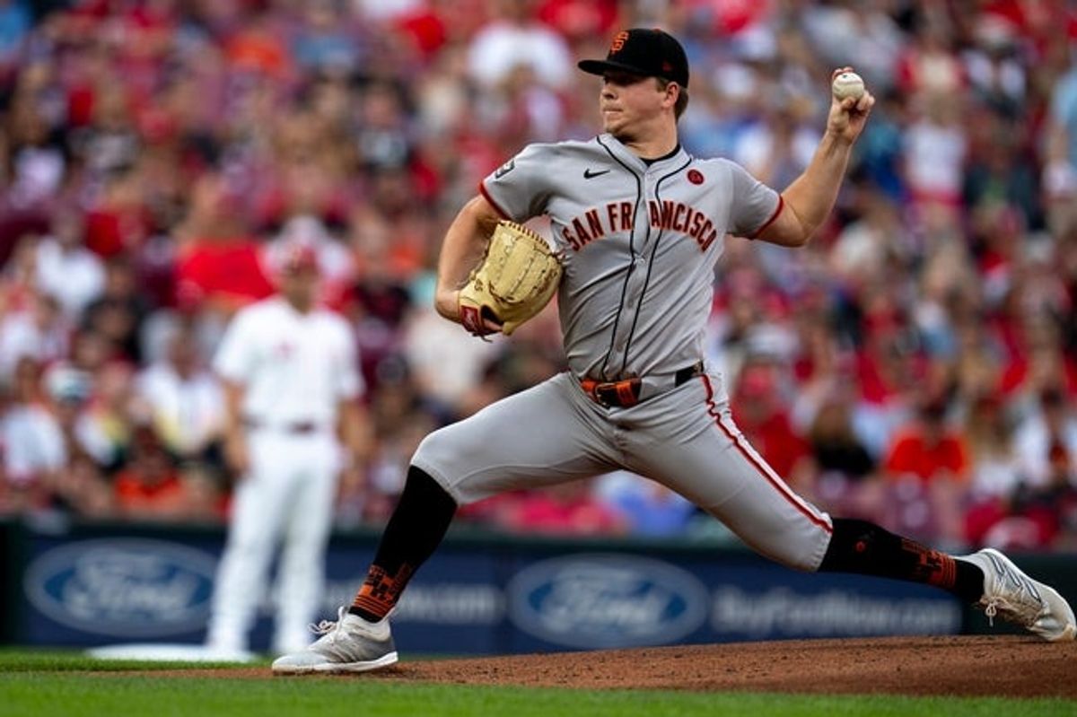 San Francisco Giants pitcher Kyle Harrison (45) delivers the pitch in the first inning of the MLB game between the Cincinnati Reds and the San Francisco Giants at Great American Ball Park in Cincinnati on Saturday, Aug. 3, 2024.
