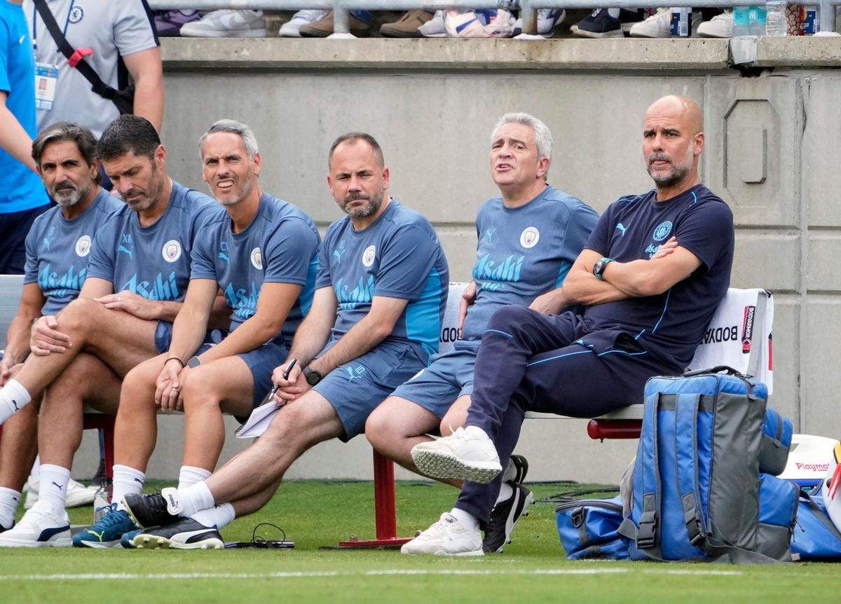 Aug 3, 2024; Columbus, OH, USA; Manchester City head coach Pep Guardiola watches his team against Chelsea in the FC Series game at Ohio Stadium.