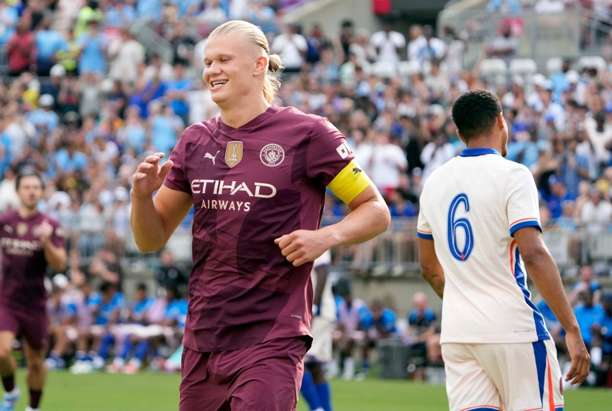 Aug 3, 2024; Columbus, OH, USA; Manchester City forward Erling Haaland (9) celebrates after converting on a penalty kick for a goal against Chelsea during the first half of their FC Series game at Ohio Stadium.