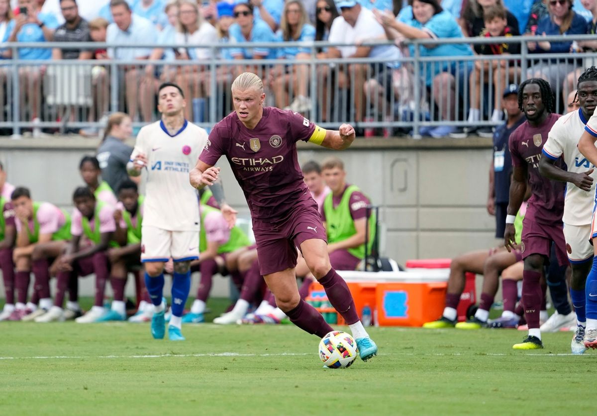 Aug 3, 2024; Columbus, OH, USA; Manchester City forward Erling Haaland (9) controls the ball against Chelsea in the first half during the FC Series game at Ohio Stadium.
