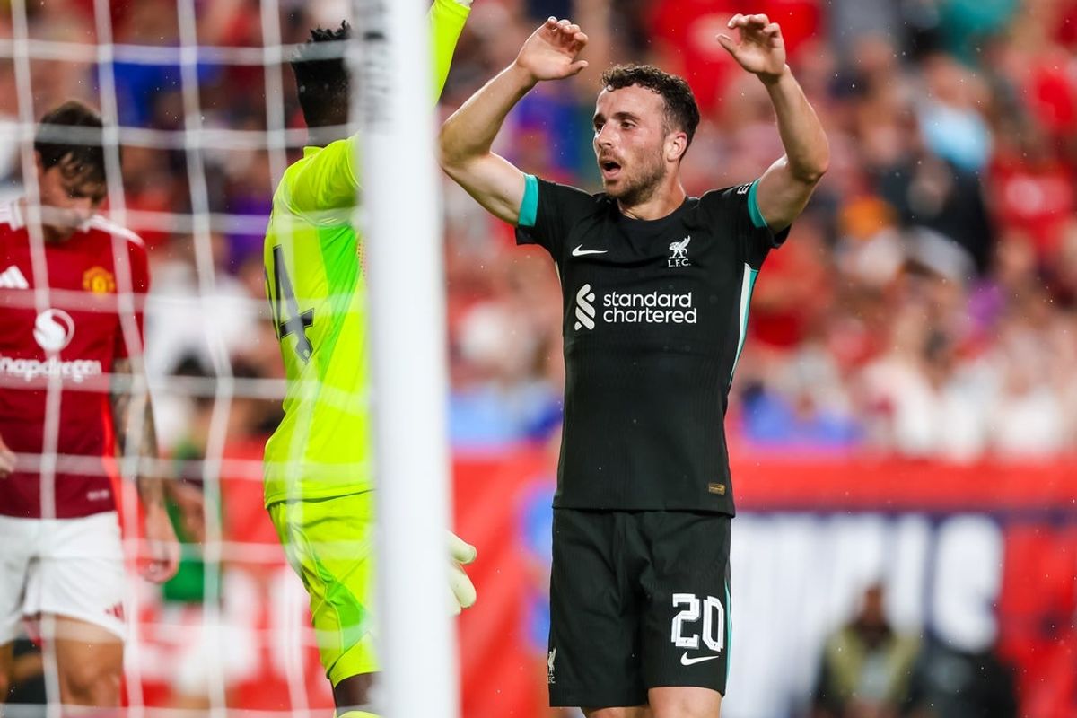Aug 3, 2024; Columbia, South Carolina, USA;  Liverpool forward Diogo Jota (20) celebrates a goal against Manchester United at Williams-Brice Stadium. Mandatory Credit: Jeff Blake-Imagn Images