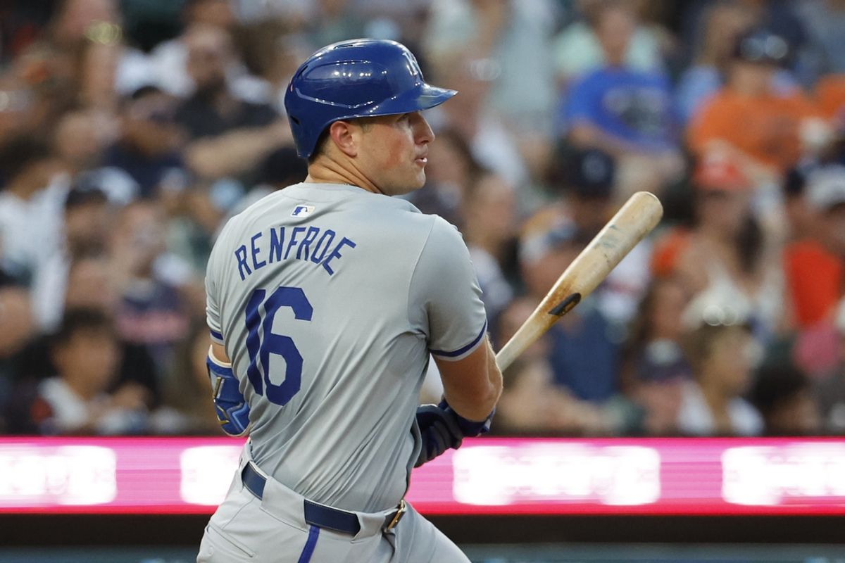 Aug 3, 2024; Detroit, Michigan, USA;  Kansas City Royals outfielder Hunter Renfroe (16) hits a single in the eighth inning against the Detroit Tigers at Comerica Park. Mandatory Credit: Rick Osentoski-Imagn Images