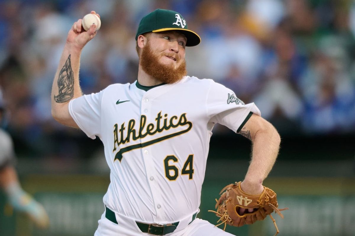 Aug 3, 2024; Oakland, California, USA; Oakland Athletics pitcher Will Klein (64) throws against the Los Angeles Dodgers during the sixth inning at Oakland-Alameda County Coliseum. Mandatory Credit: Robert Edwards-Imagn Images
