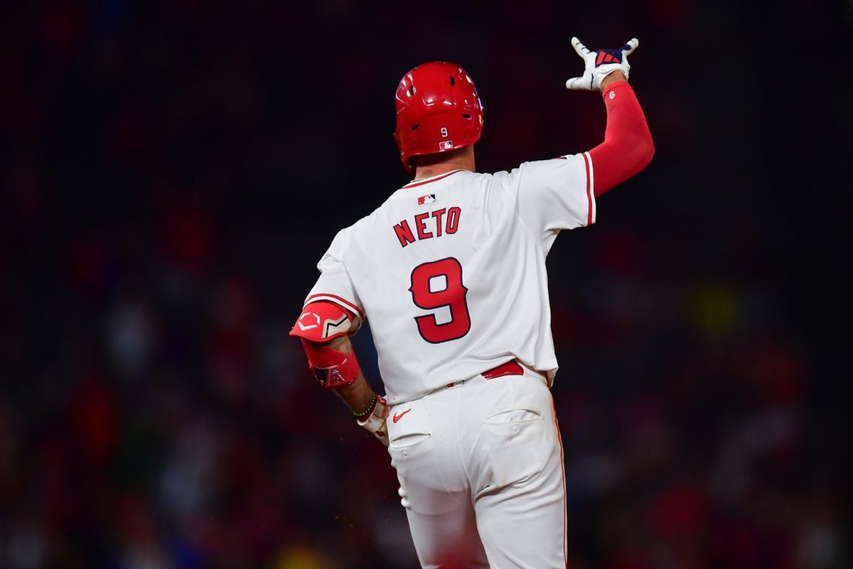 August 3, 2024; Anaheim, California, USA; Los Angeles Angels shortstop Zach Neto (9) runs the bases after hitting a three run home run against the New York Mets during the seventh inning at Angel Stadium. Mandatory Credit: Gary A. Vasquez-USA TODAY Sports