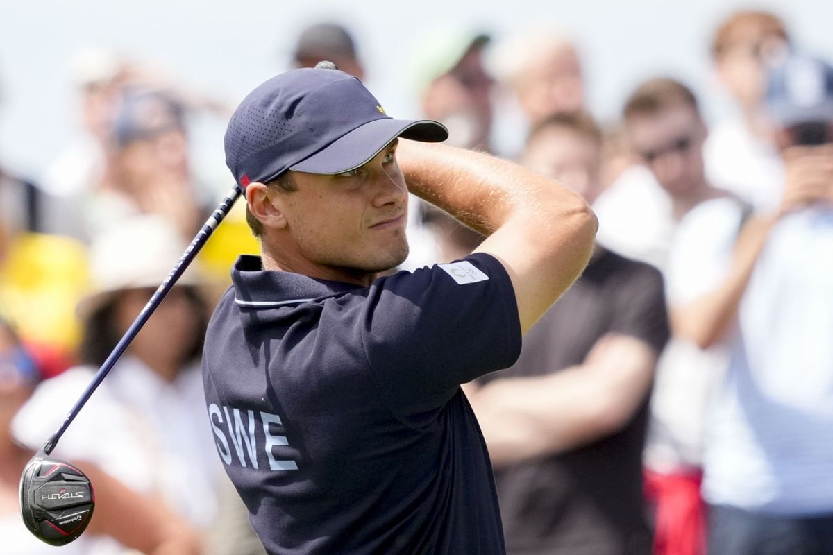 Aug 4, 2024; Saint-Quentin-en-Yvelines, France; Ludvig Aberg on no. 7 tee during the Paris 2024 Olympic Summer Games at Le Golf National. Mandatory Credit: Michael Madrid-USA TODAY Sports