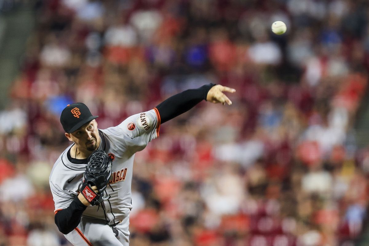 Aug 2, 2024; Cincinnati, Ohio, USA; San Francisco Giants starting pitcher Blake Snell (7) pitches against the Cincinnati Reds in the third inning at Great American Ball Park. Mandatory Credit: Katie Stratman-USA TODAY Sports