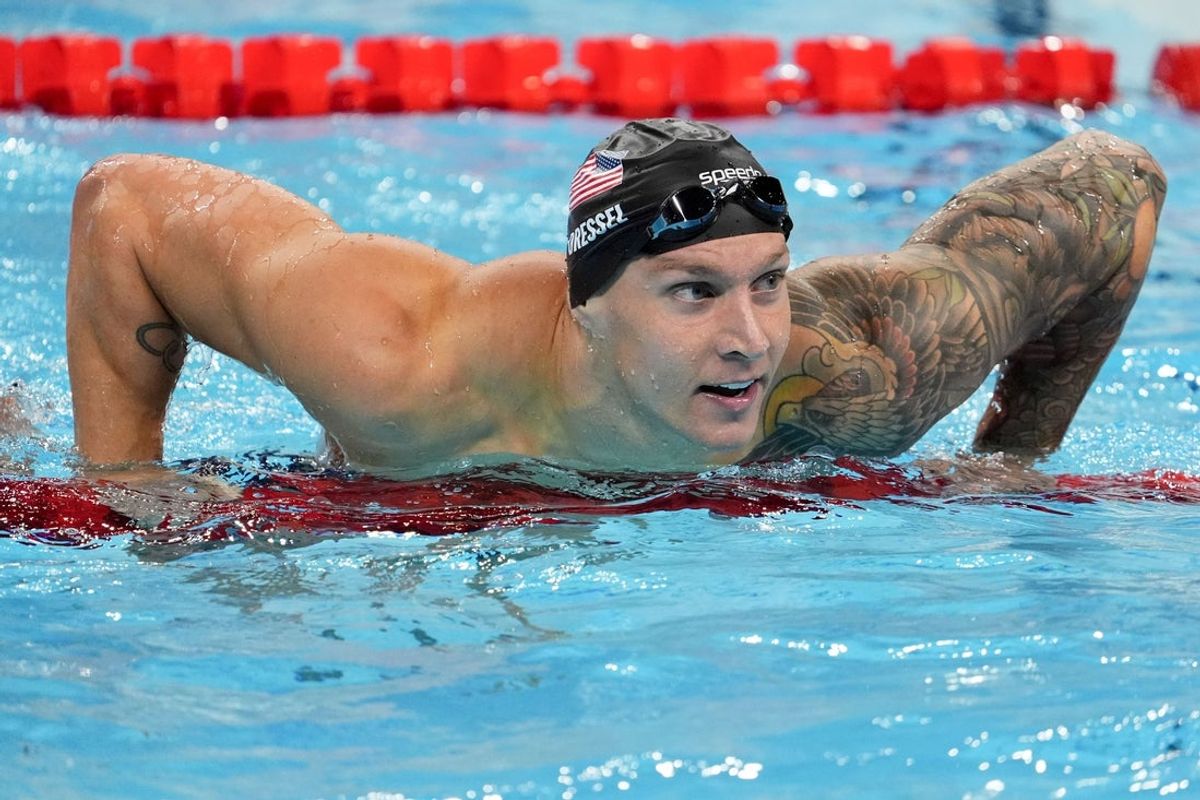 Aug 4, 2024; Nanterre, France; Caeleb Dressel (USA) in the men’s 4 x 100-meter medley relay final during the Paris 2024 Olympic Summer Games at Paris La Défense Arena. Mandatory Credit: Rob Schumacher-Imagn Images