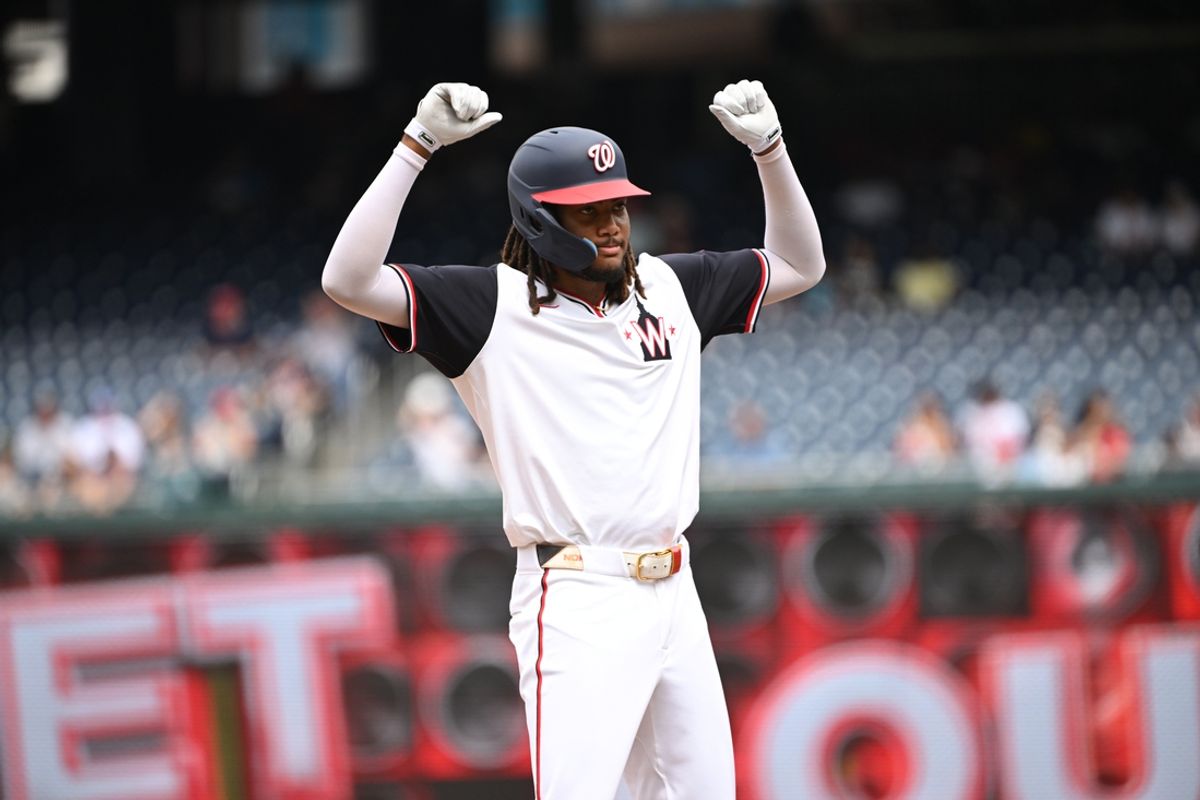 Aug 4, 2024; Washington, District of Columbia, USA; Washington Nationals center fielder James Wood (29) celebrates after hitting a single against the Milwaukee Brewers during the second inning at Nationals Park. Mandatory Credit: Rafael Suanes-USA TODAY Sports