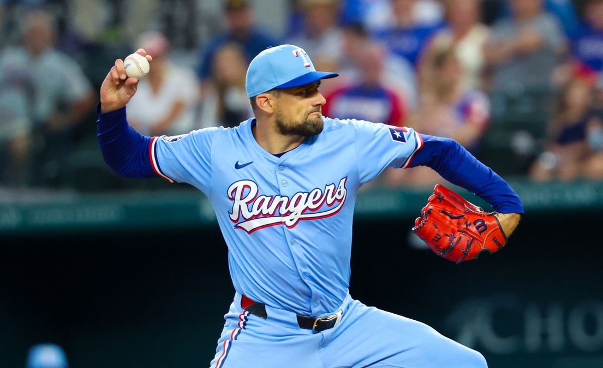 Aug 4, 2024; Arlington, Texas, USA; Texas Rangers starting pitcher Nathan Eovaldi (17) throws during the first inning against the Boston Red Sox at Globe Life Field. Mandatory Credit: Kevin Jairaj-USA TODAY Sports