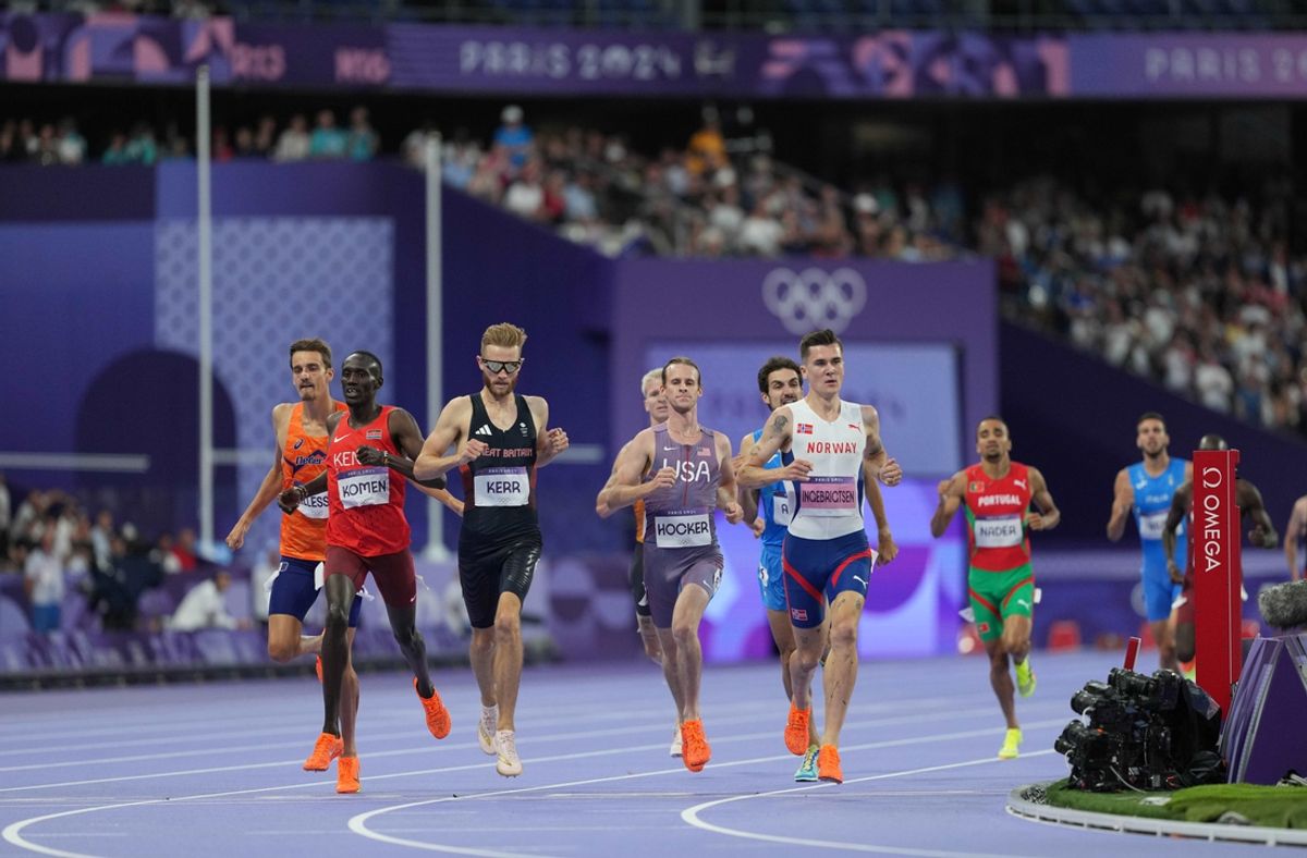Paris, FRANCE; Jakob Ingebrigtsen (NOR) races Cole Hocker (USA) and Josh Kerr (GBR) and Brian Komen (KEN) in the men's 1500m semifinals during the Paris 2024 Olympic Summer Games at Stade de France. Mandatory Credit: James Lang-USA TODAY Sports