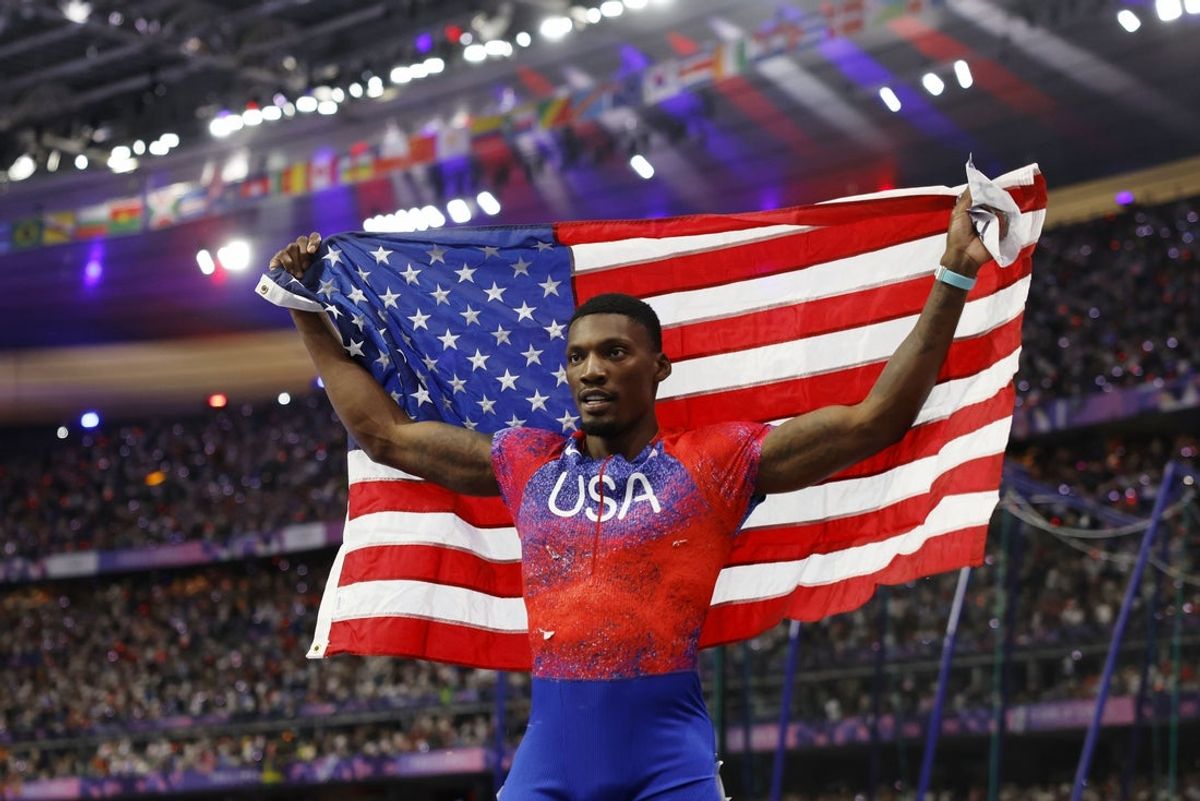 Aug 4, 2024; Paris Saint-Denis, France; Fred Kerley (USA) celebrates after winning bronze in the menís 100m final during the Paris 2024 Olympic Summer Games at Stade de France. Mandatory Credit: Yukihito Taguchi-Imagn Images