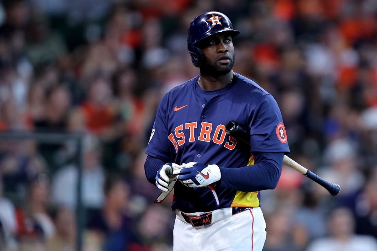 Aug 4, 2024; Houston, Texas, USA; Houston Astros designated hitter Yordan Alvarez (44) reacts after striking out against the Tampa Bay Rays during the eighth inning at Minute Maid Park. Mandatory Credit: Erik Williams-USA TODAY Sports