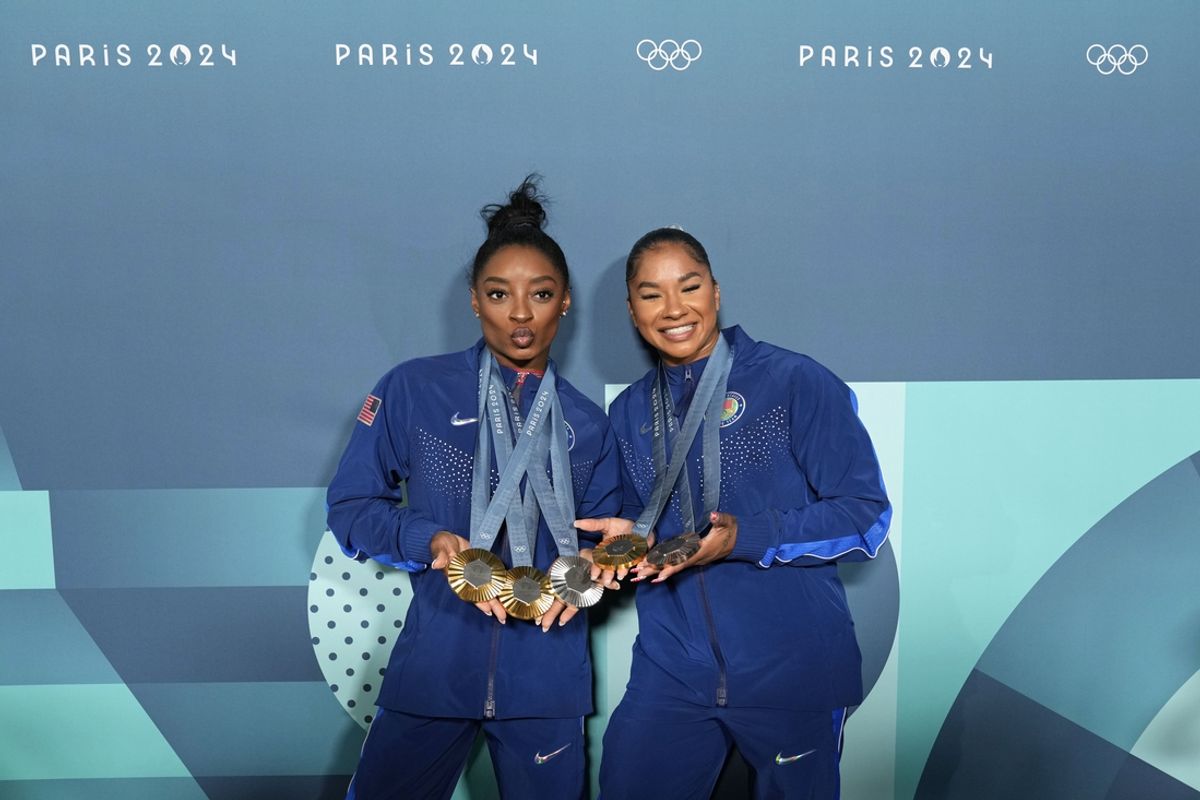 Aug 5, 2024; Paris, France; Simone Biles and Jordan Chiles of the United States poses for a photo after day three of the gymnastics event finals during the Paris 2024 Olympic Summer Games. Mandatory Credit: Kyle Terada-Imagn Images