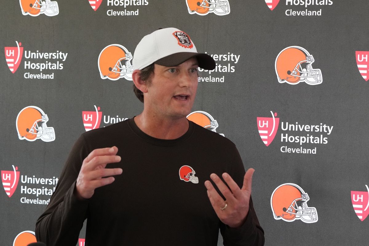 Aug 5, 2024; Cleveland Browns offensive coordinator Ken Dorsey during a press conference at the Browns training facility in Berea, Ohio. Mandatory Credit: Bob Donnan-Imagn Images