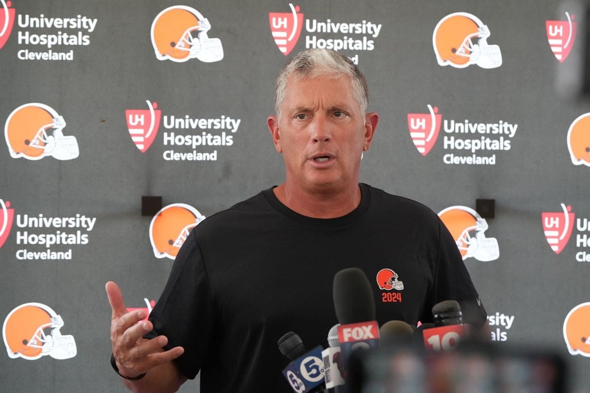 Aug 5, 2024; Cleveland Browns defensive coordinator Jim Schwartz during a press conference at the Browns training facility in Berea, Ohio. Mandatory Credit: Bob Donnan-Imagn Images