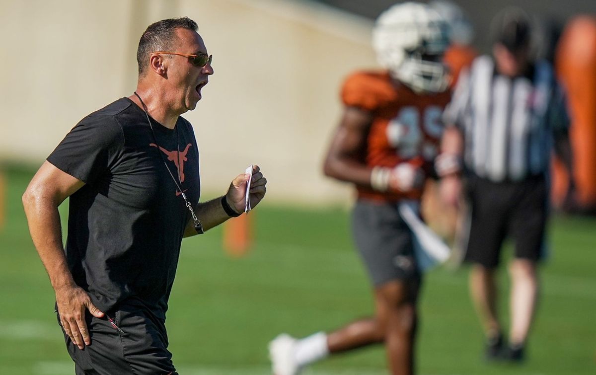 Texas Longhorns hey football coach, Steve Sarkisian during the first day with pads in fall football camp practice for the Texas Longhorns at Denius Fields on Monday, August 5, 2024.