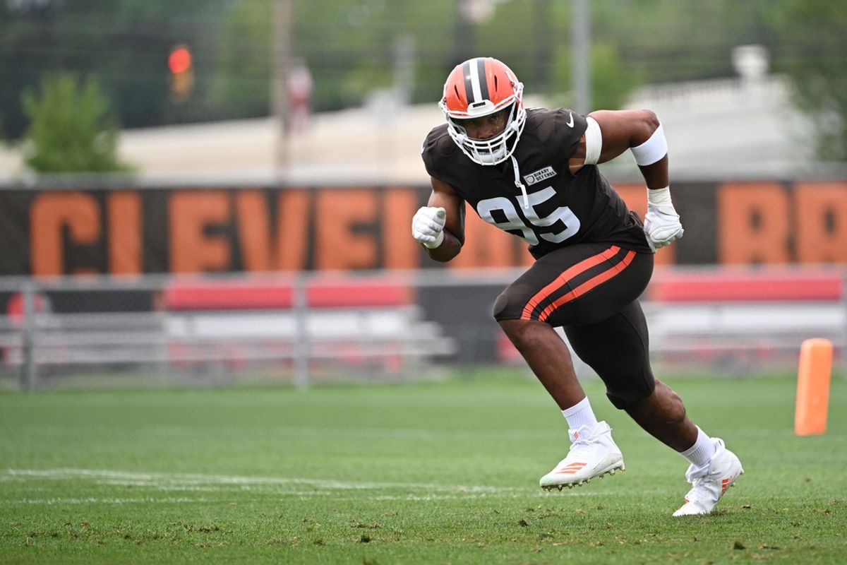 Aug 5, 2024; Cleveland Browns defensive end Myles Garrett (95) during practice at the Browns training facility in Berea, Ohio. Mandatory Credit: Bob Donnan-Imagn Images